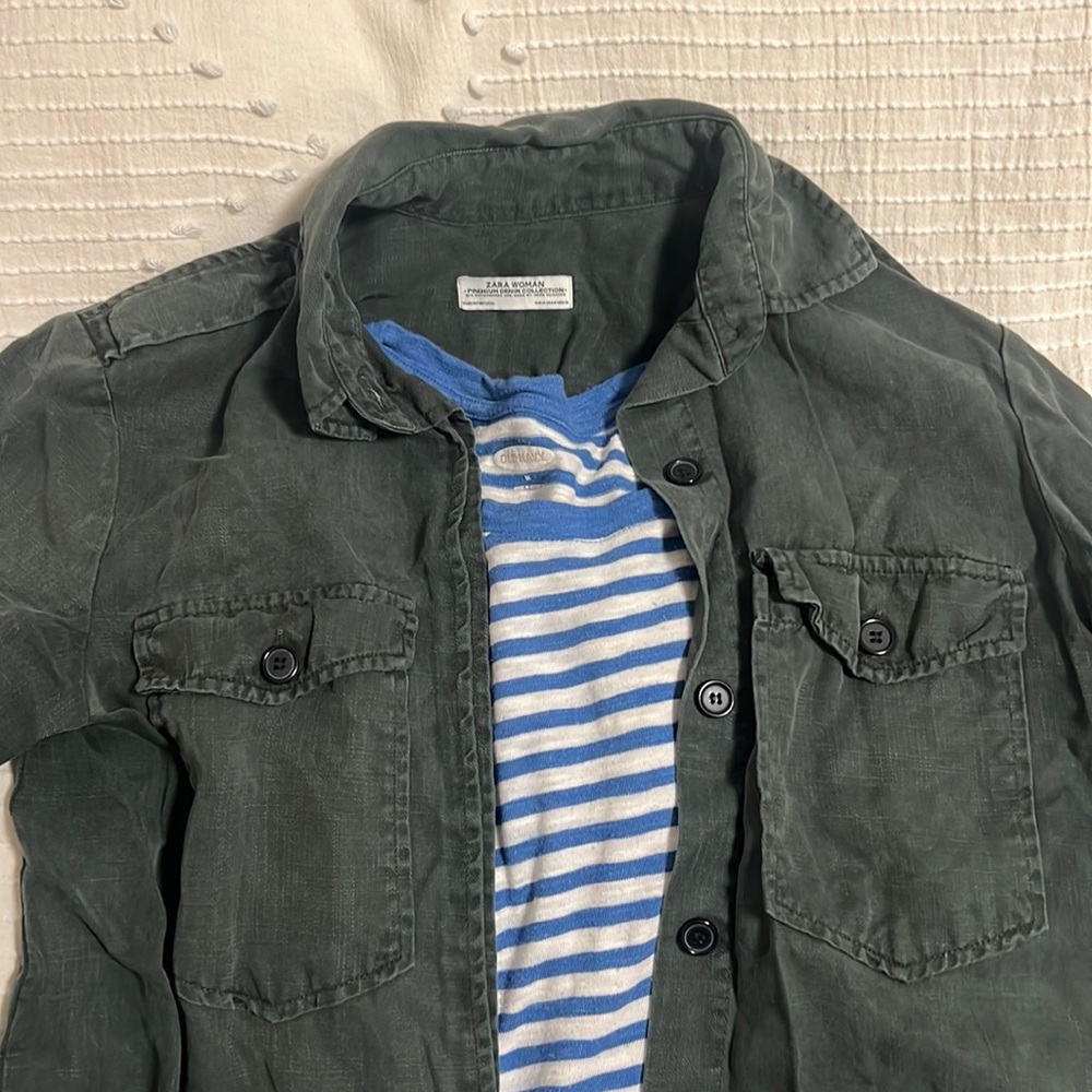 Zara button down with cotton/ linen striped tee!